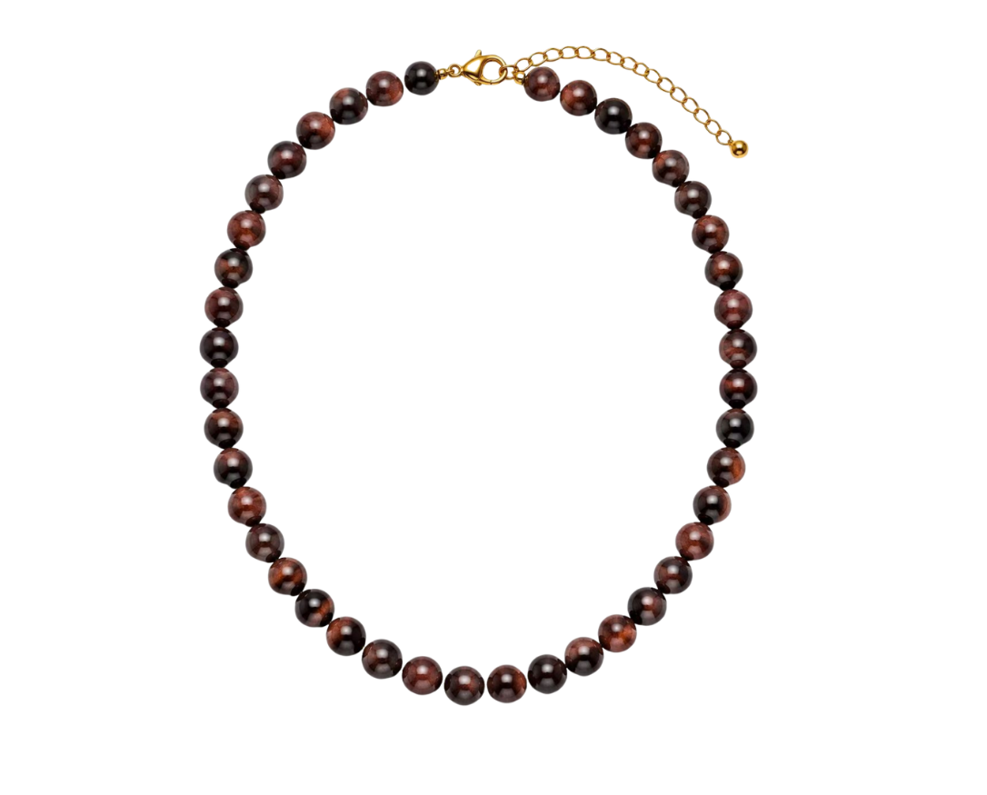 Garnet Wood brown natural stone bead necklace on gold-finished chain - Her Little Charms base necklace