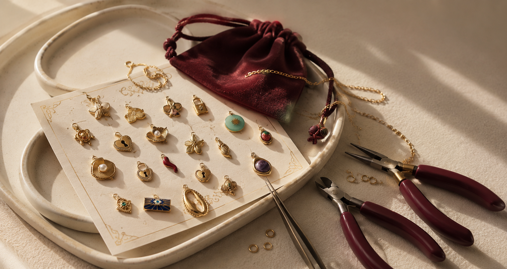 A styled flat-lay of jewelry-making supplies on a cream-colored tray, including a card displaying various gold charms and beads, a deep burgundy velvet drawstring pouch, wire cutters, tweezers, and a gold chain.